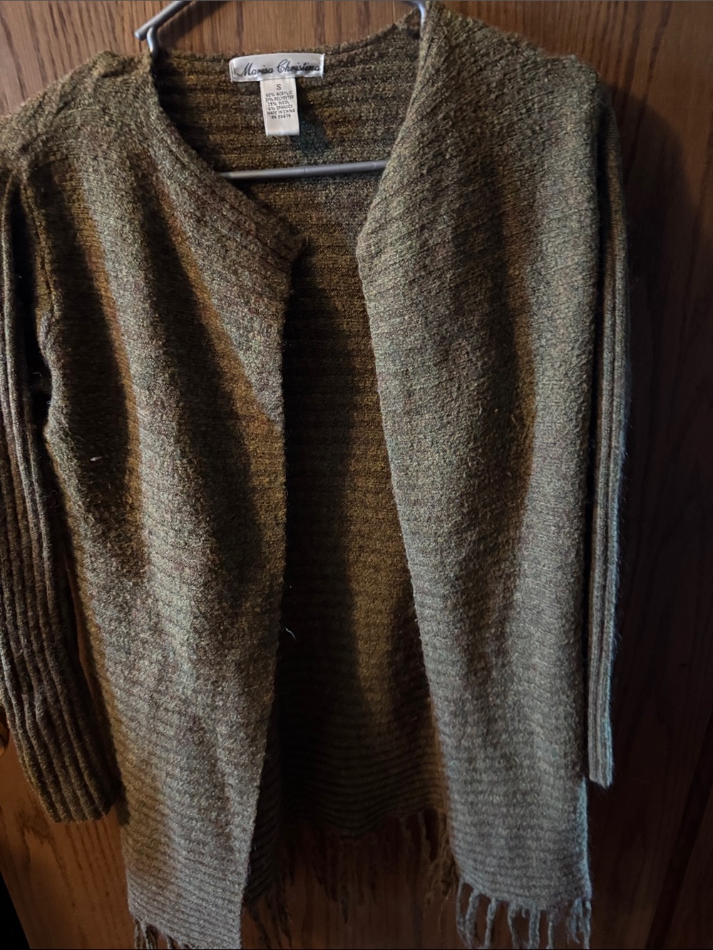 Marisa Christina Olive Green Open-Front Fringe Cardigan